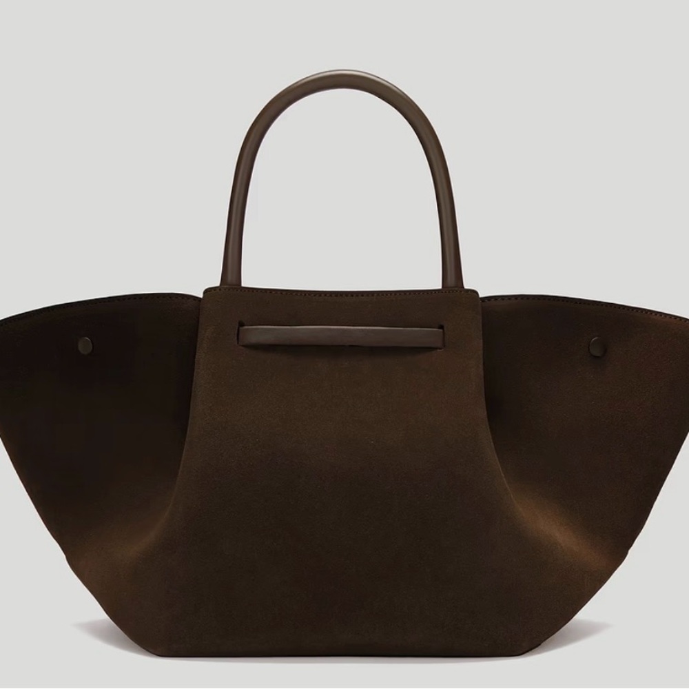 NWT Demellier The Midi Dark Moca Suede Tote Bag with Gold Accent - Picture 3 of 3